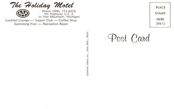 Holiday Motel (Econo Lodge Inn & Suites) - Vintage Postcard Back